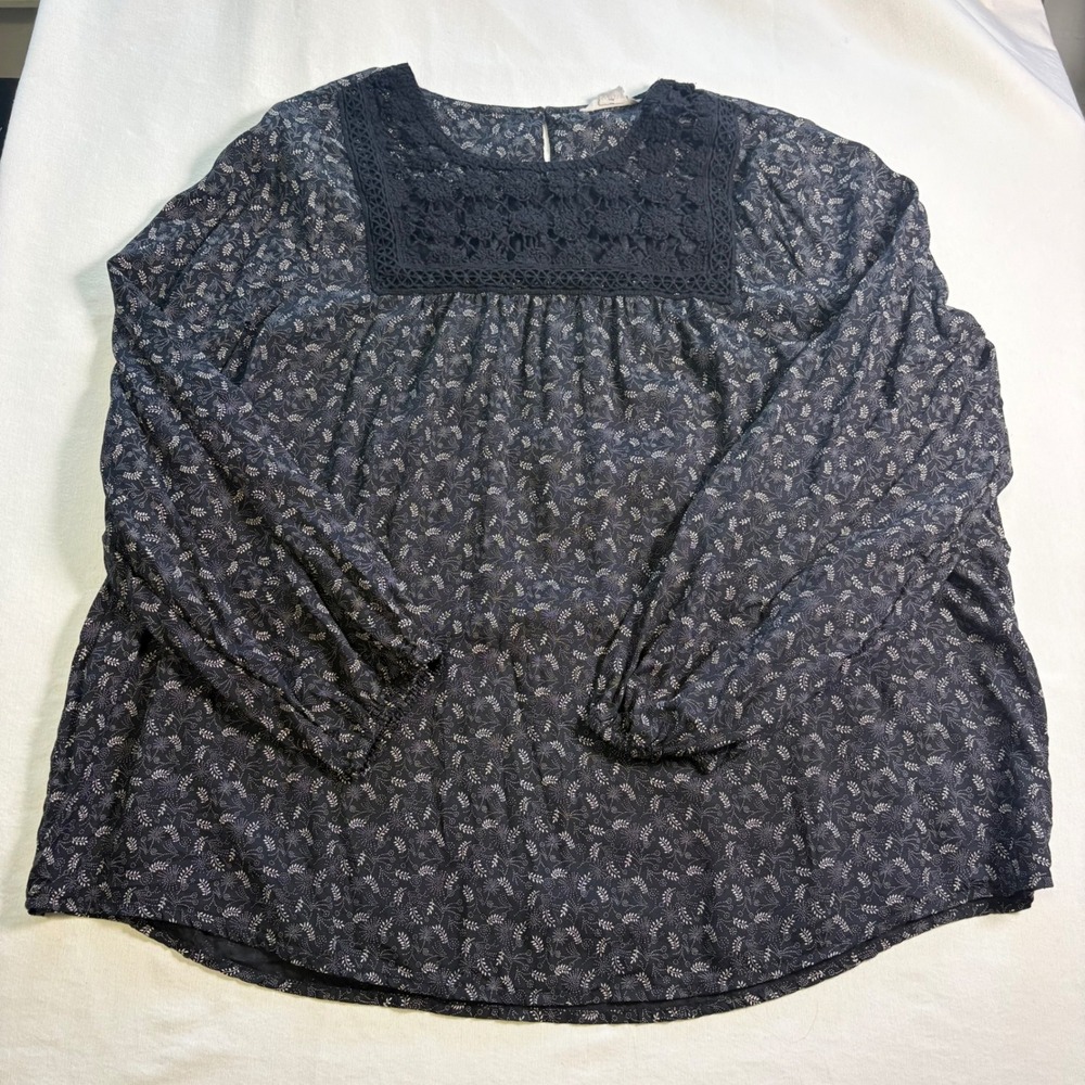 Caslon, Crochet Lace Yoke Blouse, XXL, Black/Navy, Floral Peasant Top, MSRP $69